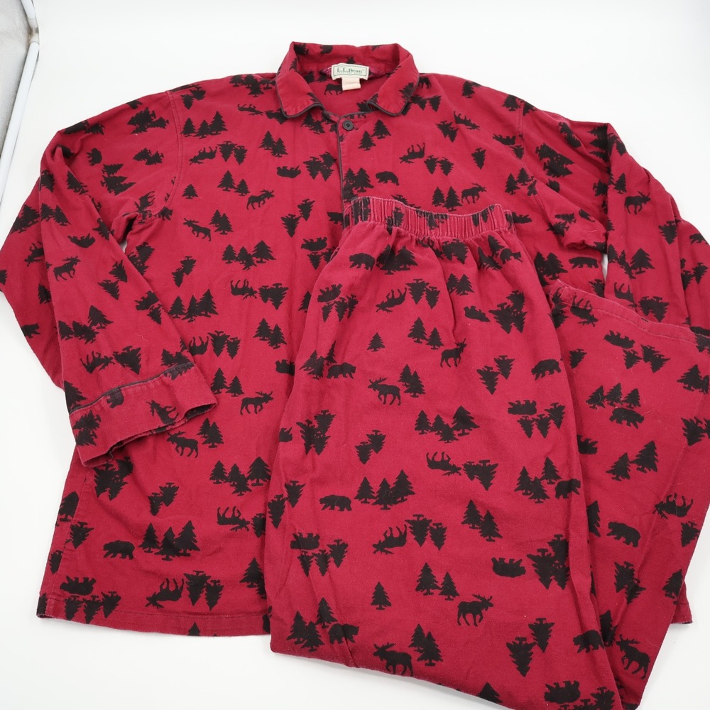 LL Bean Pajama Set Mens Tall Large Red Vintage Made in USA Moose Bear Flannel